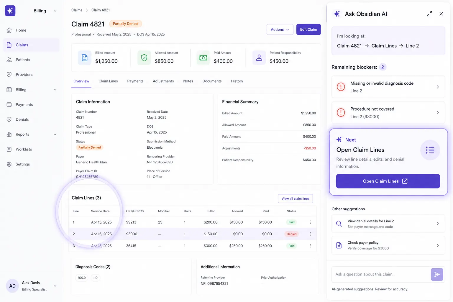 Mockup: Obsidian AI assistant panel showing context echo and next-step guidance